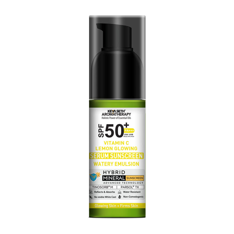 Vitamin C Lemon Glowing Serum Mineral Sunscreen, SPF 50 PA+++, Watery Emulsion, No White Cast, Water Resistant,Tinosorb M + Parsol TX - Keya Seth Aromatherapy