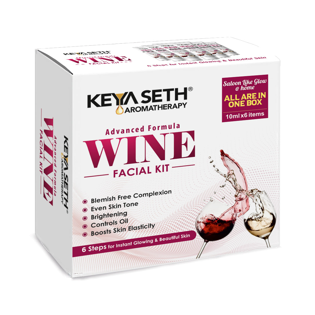 Wine Facial Kit 6 Steps Enriched with Red Grape Seed Extract for Instant Glowing, Blemish-free Even Complexion Increase Elasticity & Circulation - Keya Seth Aromatherapy