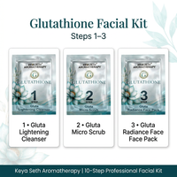 Glutathione facial kit infographic showing steps 1–3: cleanser, micro scrub and face pack