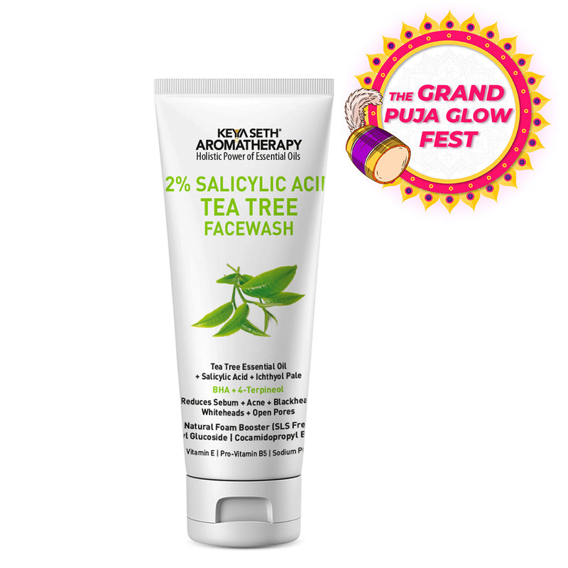 2% Salicylic Acid Tea Tree Facewash, BHA + Terpineol, Natural Glucoside Foaming, Acne, Blemishes, Blackheads, Whiteheads & Open Pores, Hyaluronic Acid - Keya Seth Aromatherapy