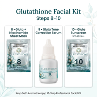 Glutathione facial kit infographic showing steps 8–10: sheet mask, tone correction serum and sunscreen
