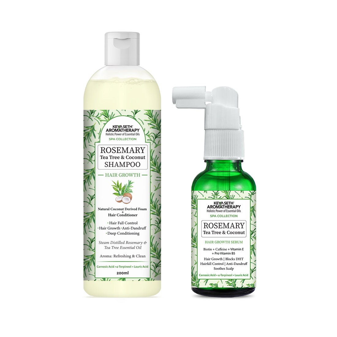 Rosemary Tea Tree Coconut Serum & Shampoo Combo: Reduces Dandruff & Scalp Itching, Hair Growth, Blocks DHT, Steam Distilled Essential Oil, Virgin Coconut Oil With Biotin Caffeine Vitamin E B5 - Keya Seth Aromatherapy