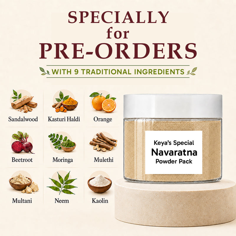 Keya's Special Navaratna Powder Pack– With Sandalwood, Kasturi, Orange, Beetroot, Mulethi, Moringa, Kaolin, Neem, Multani; Fights Irritation, Reduces Acne, Calms Skin - Keya Seth Aromatherapy