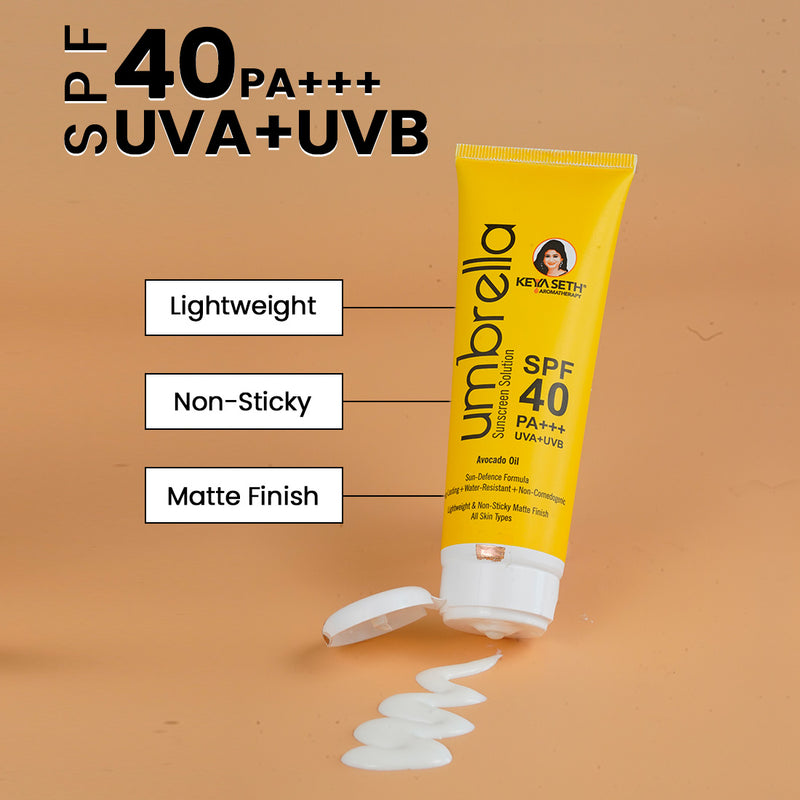 Umbrella Sunscreen Solution SPF 40, Broad Spectrum Protection, No White Cast, Lightweight Matte Finish with Avocado 100ml - Keya Seth Aromatherapy
