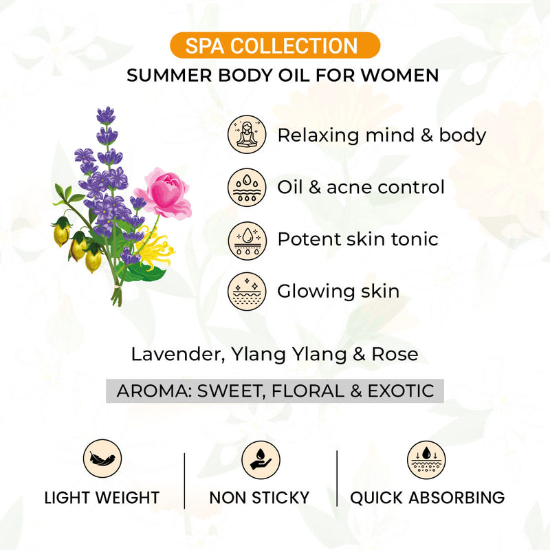 Relaxing Floral Summer Body Oil Non-Sticky & Quick Absorbing for Women, Potent Skin tonic for Glowing Skin, Oil & Acne Control, Relaxing Mind & Body, Body Oil, Keya Seth Aromatherapy
