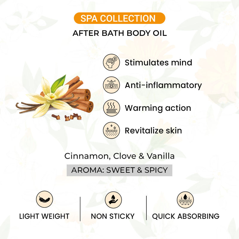 Spicy Vanilla After Bath Body Oil Light, Non-Sticky & Quick Absorbing, Stimulates Mind, Anti Inflammatory, Warming Action & Revitalize Skin, Body Care,, Body Oil, Keya Seth Aromatherapy