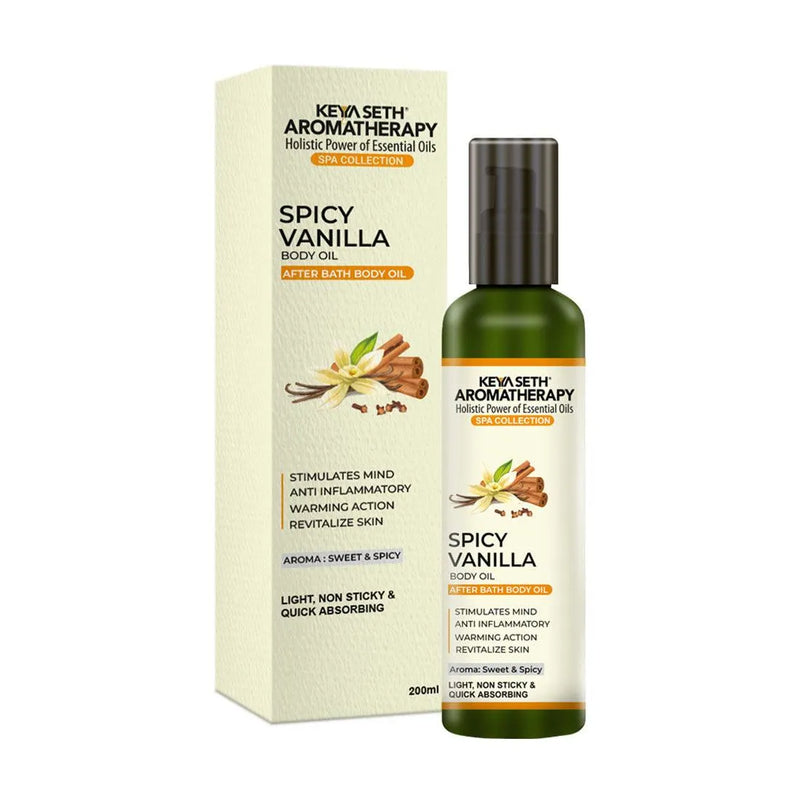 Spicy Vanilla After Bath Body Oil Light, Non-Sticky & Quick Absorbing, Stimulates Mind, Anti Inflammatory, Warming Action & Revitalize Skin, Body Care,, Body Oil, Keya Seth Aromatherapy