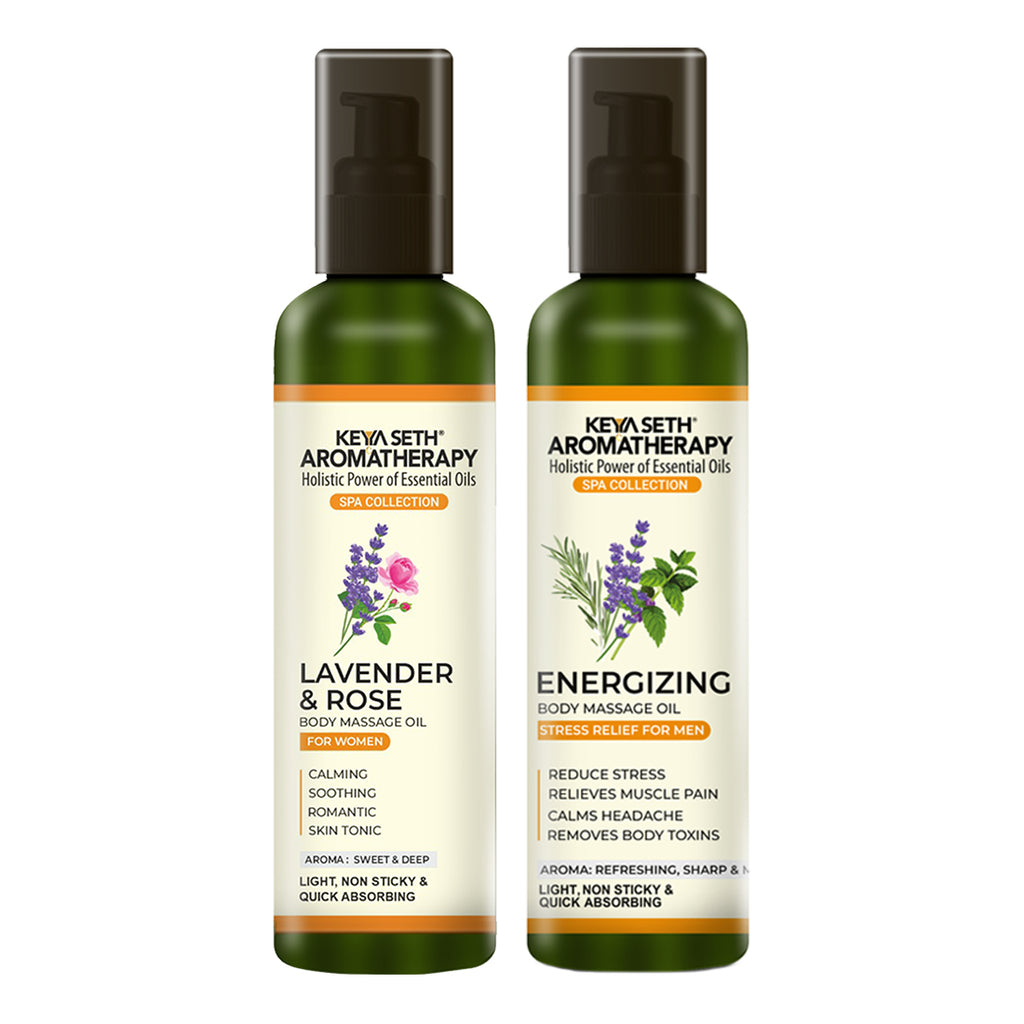 Energizing & Lavender-Rose Body Massage Oil combo pack for men & women, Body Oil, Keya Seth Aromatherapy
