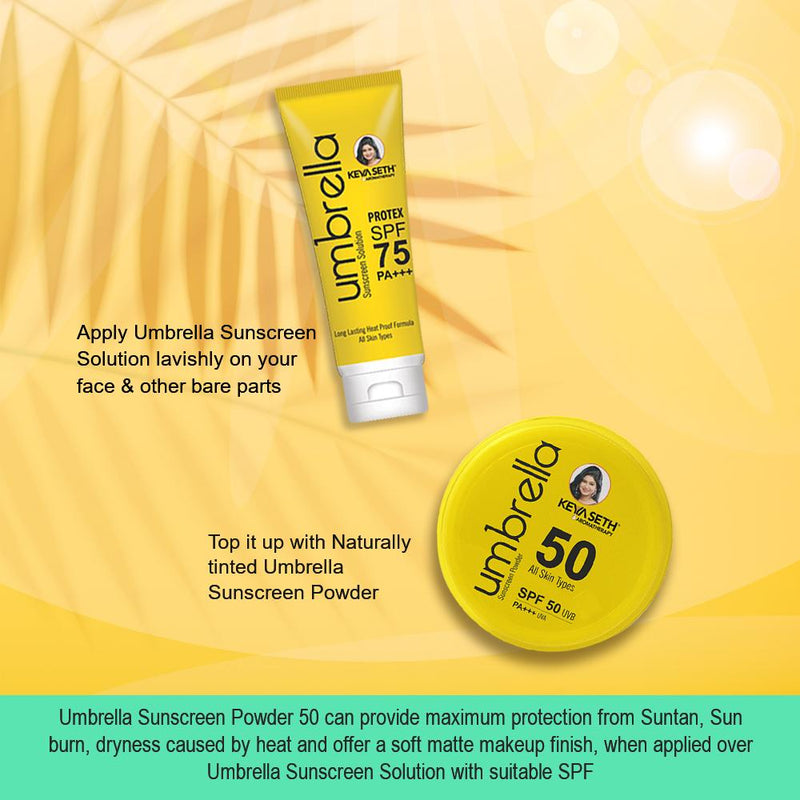 Umbrella Sunscreen Advance Treatment SPF 75 Solution + SPF 50 Powder, Long Lasting & Sweat Resistant Formula, UVA and UVB Protection, Enriched with Almond, Avocado, Wheat germ, Micronized Zinc Oxide
